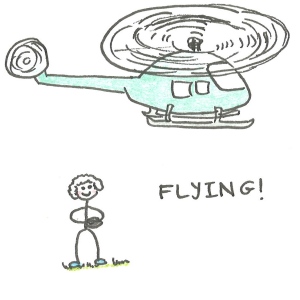 Drawing of a boy holding a remote control and looking up at a helicopter, with the caption: flying!