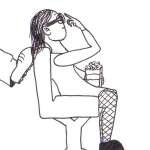 Cartoon of a girl in a cinema chair, with her head tipped back, pushing her glasses up her nose.