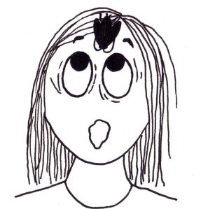 Cartoon of a girl looking alarmed with a cockroach in the middle of her forehead.